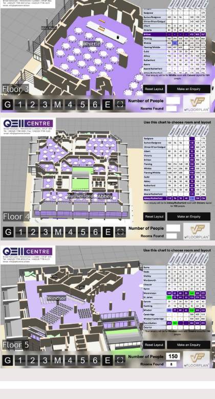 Room Layouts - included in latest vFloorplan version 5 and you get to provide your own designed room layouts as shown here for QEII Centre, Westminster, London, UK